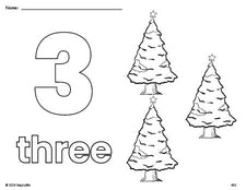 Free printable Christmas tree Christmas coloring page and counting worksheet, number 3 coloring page for preschool, pre-k, and kindergarten