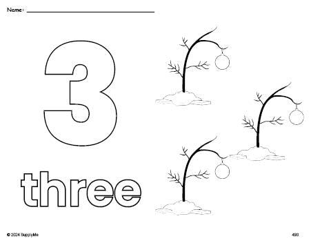 Free printable Christmas tree Christmas coloring page and counting worksheet, number 3 coloring page for preschool, pre-k, and kindergarten