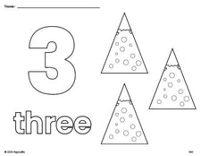 Free printable Christmas tree Christmas coloring page and counting worksheet, number 3 coloring page for preschool, pre-k, and kindergarten