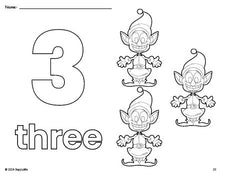 Free printable elf Christmas coloring page and counting worksheet, number 3 coloring page for preschool, pre-k, and kindergarten