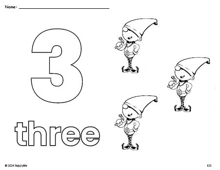 Free printable elf Christmas coloring page and counting worksheet, number 3 coloring page for preschool, pre-k, and kindergarten