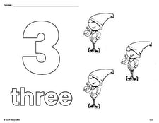 Free printable elf Christmas coloring page and counting worksheet, number 3 coloring page for preschool, pre-k, and kindergarten