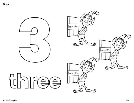 Free printable elf Christmas coloring page and counting worksheet, number 3 coloring page for preschool, pre-k, and kindergarten