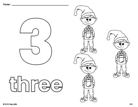 Free printable elf Christmas coloring page and counting worksheet, number 3 coloring page for preschool, pre-k, and kindergarten