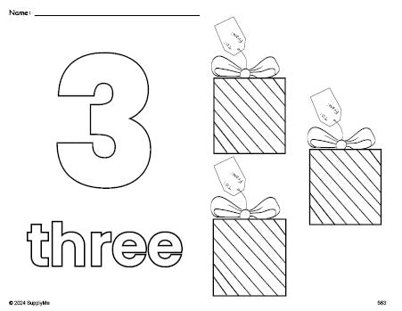 Free printable gift Christmas coloring page and counting worksheet, number 3 coloring page for preschool, pre-k, and kindergarten