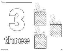 Free printable gift Christmas coloring page and counting worksheet, number 3 coloring page for preschool, pre-k, and kindergarten