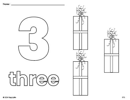 Free printable gift Christmas coloring page and counting worksheet, number 3 coloring page for preschool, pre-k, and kindergarten