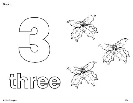 Free printable holly Christmas coloring page and counting worksheet, number 3 coloring page for preschool, pre-k, and kindergarten