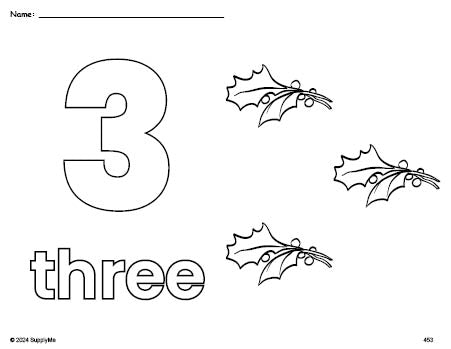 Free printable holly Christmas coloring page and counting worksheet, number 3 coloring page for preschool, pre-k, and kindergarten