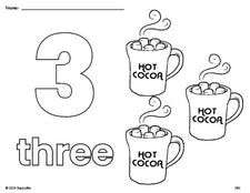 Free printable hot chocolate winter coloring page and counting worksheet, number 3 coloring page for preschool, pre-k, and kindergarten