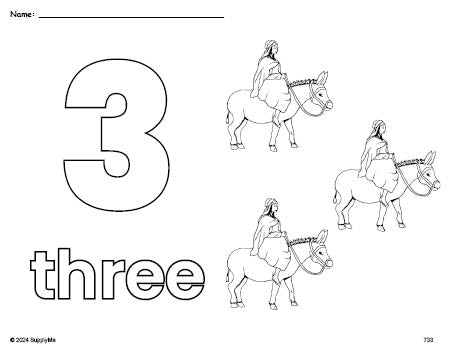 Free printable Mary Christmas coloring page and counting worksheet, number 3 coloring page for preschool, pre-k, and kindergarten