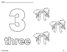 Free printable mistletoe Christmas coloring page and counting worksheet, number 3 coloring page for preschool, pre-k, and kindergarten