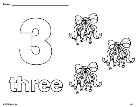 Free printable mistletoe Christmas coloring page and counting worksheet, number 3 coloring page for preschool, pre-k, and kindergarten