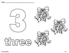 Free printable mistletoe Christmas coloring page and counting worksheet, number 3 coloring page for preschool, pre-k, and kindergarten