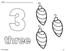 Free printable ornament Christmas coloring page and counting worksheet, number 3 coloring page for preschool, pre-k, and kindergarten