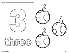 Free printable ornament Christmas coloring page and counting worksheet, number 3 coloring page for preschool, pre-k, and kindergarten