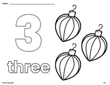 Free printable ornament Christmas coloring page and counting worksheet, number 3 coloring page for preschool, pre-k, and kindergarten