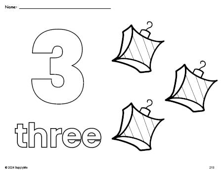 Free printable ornament Christmas coloring page and counting worksheet, number 3 coloring page for preschool, pre-k, and kindergarten