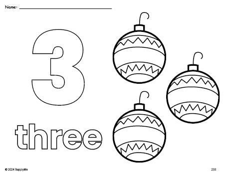 Free printable ornament Christmas coloring page and counting worksheet, number 3 coloring page for preschool, pre-k, and kindergarten