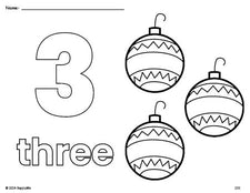 Free printable ornament Christmas coloring page and counting worksheet, number 3 coloring page for preschool, pre-k, and kindergarten