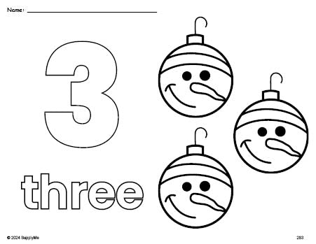 Free printable ornament Christmas coloring page and counting worksheet, number 3 coloring page for preschool, pre-k, and kindergarten