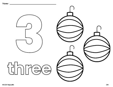 Free printable ornament Christmas coloring page and counting worksheet, number 3 coloring page for preschool, pre-k, and kindergarten