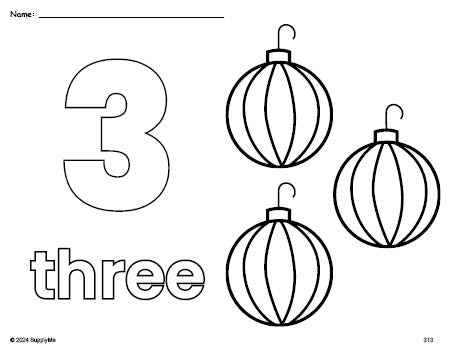 Free printable ornament Christmas coloring page and counting worksheet, number 3 coloring page for preschool, pre-k, and kindergarten