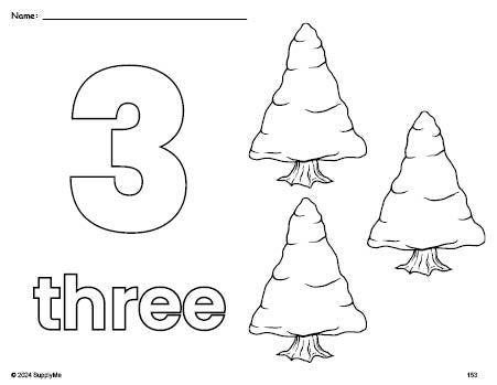 Free printable pine tree winter coloring page and counting worksheet, number 3 coloring page for preschool, pre-k, and kindergarten