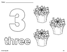 Free printable poinsettia Christmas coloring page and counting worksheet, number 3 coloring page for preschool, pre-k, and kindergarten