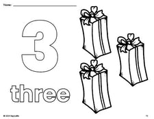 Free printable present Christmas coloring page and counting worksheet, number 3 coloring page for preschool, pre-k, and kindergarten