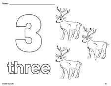 Free printable reindeer Christmas coloring page and counting worksheet, number 3 coloring page for preschool, pre-k, and kindergarten