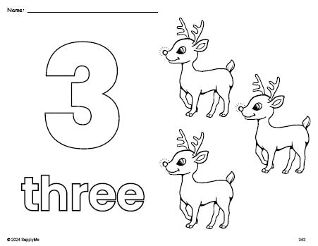 Free printable reindeer Christmas coloring page and counting worksheet, number 3 coloring page for preschool, pre-k, and kindergarten