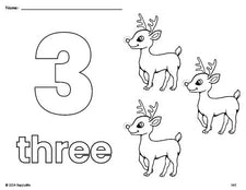 Free printable reindeer Christmas coloring page and counting worksheet, number 3 coloring page for preschool, pre-k, and kindergarten