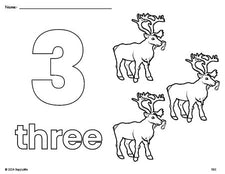 Free printable reindeer Christmas coloring page and counting worksheet, number 3 coloring page for preschool, pre-k, and kindergarten