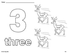 Free printable reindeer Christmas coloring page and counting worksheet, number 3 coloring page for preschool, pre-k, and kindergarten