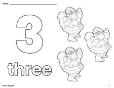 Free printable Santa Christmas coloring page and counting worksheet, number 3 coloring page for preschool, pre-k, and kindergarten