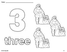 Free printable Santa Christmas coloring page and counting worksheet, number 3 coloring page for preschool, pre-k, and kindergarten