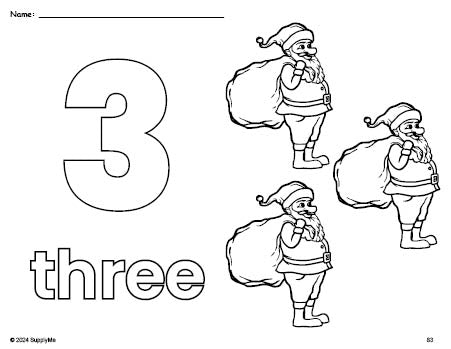 Free printable Santa Christmas coloring page and counting worksheet, number 3 coloring page for preschool, pre-k, and kindergarten