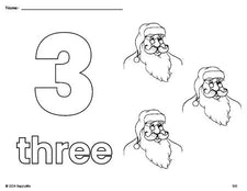 Free printable Santa Christmas coloring page and counting worksheet, number 3 coloring page for preschool, pre-k, and kindergarten