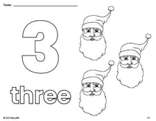 Free printable Santa Christmas coloring page and counting worksheet, number 3 coloring page for preschool, pre-k, and kindergarten