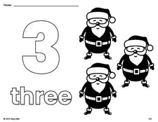 Free printable Santa Christmas coloring page and counting worksheet, number 3 coloring page for preschool, pre-k, and kindergarten