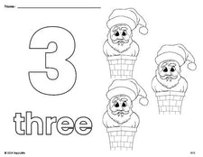 Free printable Santa Christmas coloring page and counting worksheet, number 3 coloring page for preschool, pre-k, and kindergarten