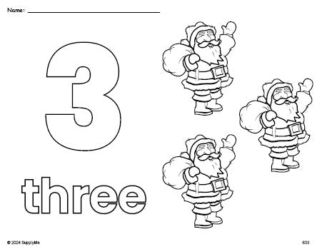 Free printable Santa Christmas coloring page and counting worksheet, number 3 coloring page for preschool, pre-k, and kindergarten