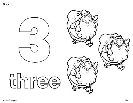 Free printable Santa Christmas coloring page and counting worksheet, number 3 coloring page for preschool, pre-k, and kindergarten