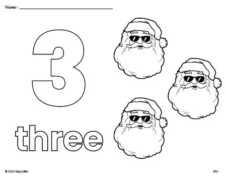 Free printable Santa Christmas coloring page and counting worksheet, number 3 coloring page for preschool, pre-k, and kindergarten