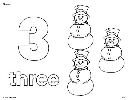 Free printable snowman winter coloring page and counting worksheet, number 3 coloring page for preschool, pre-k, and kindergarten