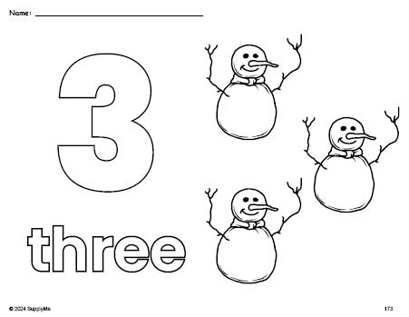 Free printable snowman winter coloring page and counting worksheet, number 3 coloring page for preschool, pre-k, and kindergarten