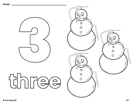 Free printable snowman winter coloring page and counting worksheet, number 3 coloring page for preschool, pre-k, and kindergarten