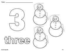 Free printable snowman winter coloring page and counting worksheet, number 3 coloring page for preschool, pre-k, and kindergarten