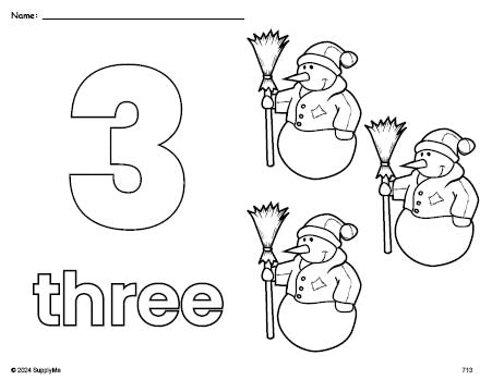 Free printable snowman winter coloring page and counting worksheet, number 3 coloring page for preschool, pre-k, and kindergarten